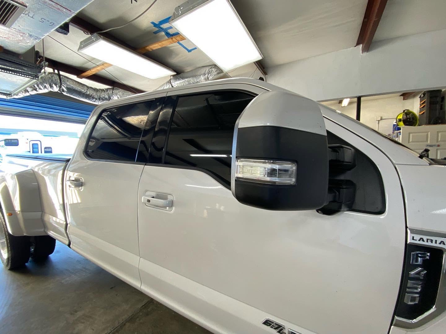 White dually pickup truck with ceramic window tint, Mitchell's Tinting